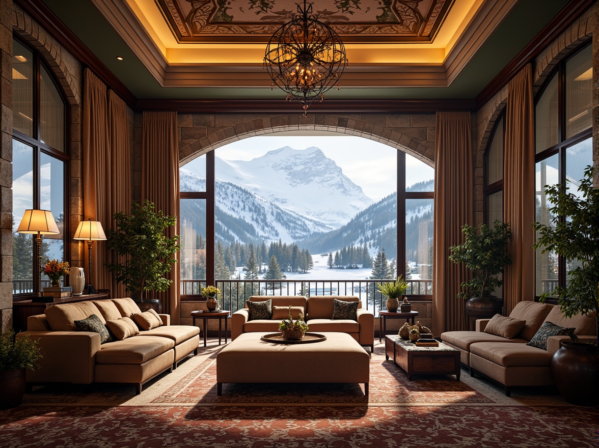 Prompt: Grandiose ski resort, lavish ornamentation, intricate stonework, gilded accents, sweeping archways, ornate chandeliers, luxurious furnishings, velvet drapes, majestic mountain views, snowy landscapes, frozen lakes, pine trees, misty mornings, warm golden lighting, shallow depth of field, 1/1 composition, dramatic perspective, realistic textures, ambient occlusion.