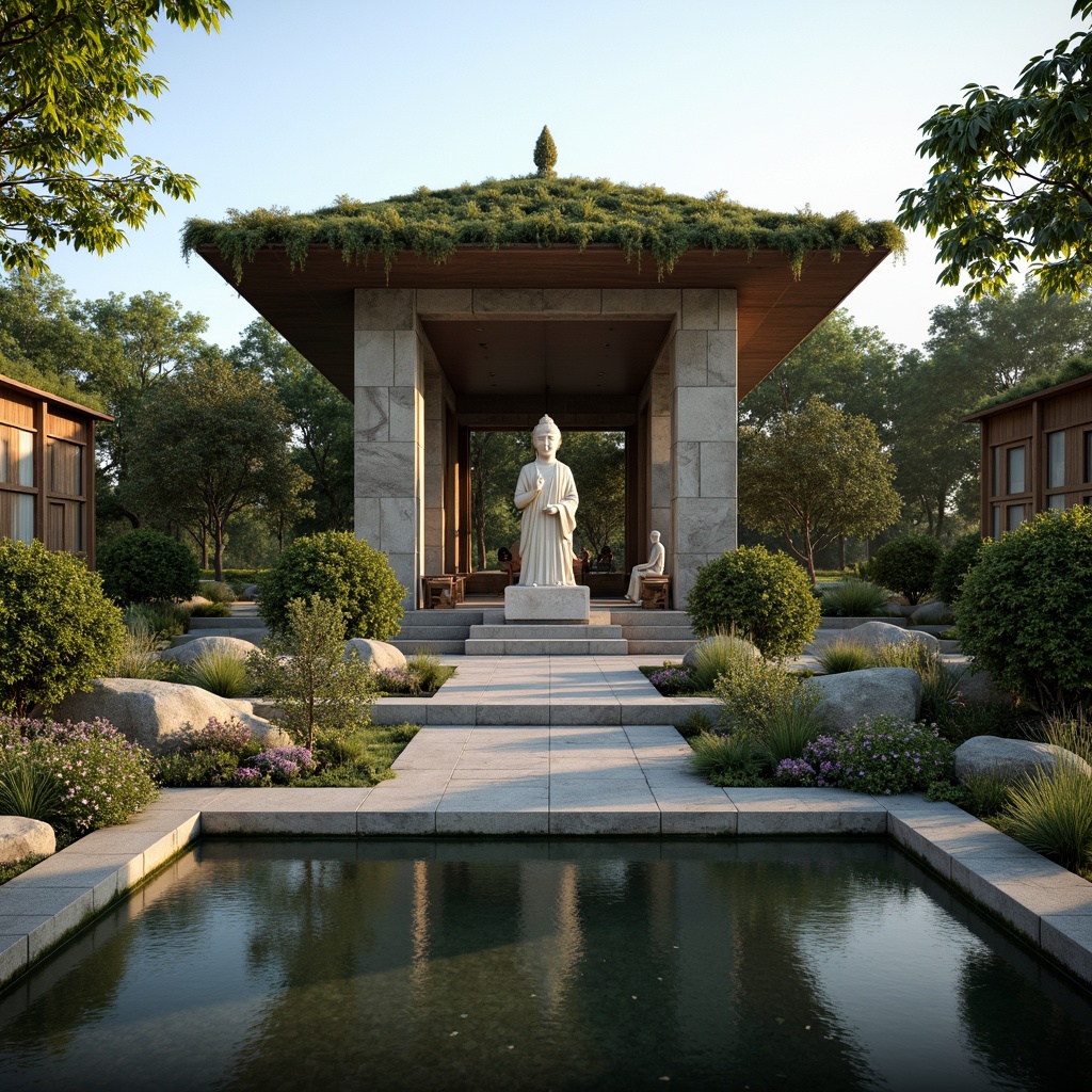 Prompt: Serenity-inspired temple, natural stone fa\u00e7ade, lush green roofs, tranquil water features, peaceful gardens, spiritual statues, gentle misting systems, soft warm lighting, shallow depth of field, 3/4 composition, panoramic view, realistic textures, ambient occlusion, harmonious blend of architecture and nature, soothing color palette, minimal ornamentation, elegant lines, sacred geometry, subtle patterns, reverent atmosphere, contemplative ambiance.