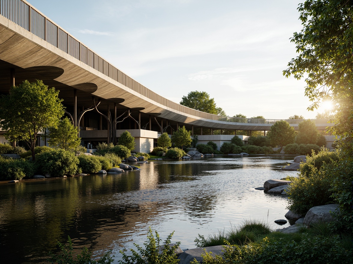 Prompt: Curved bridge silhouette, organic forms, natural materials, wavy patterns, leaf-inspired railings, tree-like columns, flowing water effects, riverbank scenery, lush greenery, sunny day, soft warm lighting, shallow depth of field, 3/4 composition, panoramic view, realistic textures, ambient occlusion, biomimetic structures, adaptive systems, sustainable energy harvesting, kinetic architecture, dynamic movement, oscillating patterns, futuristic aesthetic, high-tech materials, innovative construction techniques.