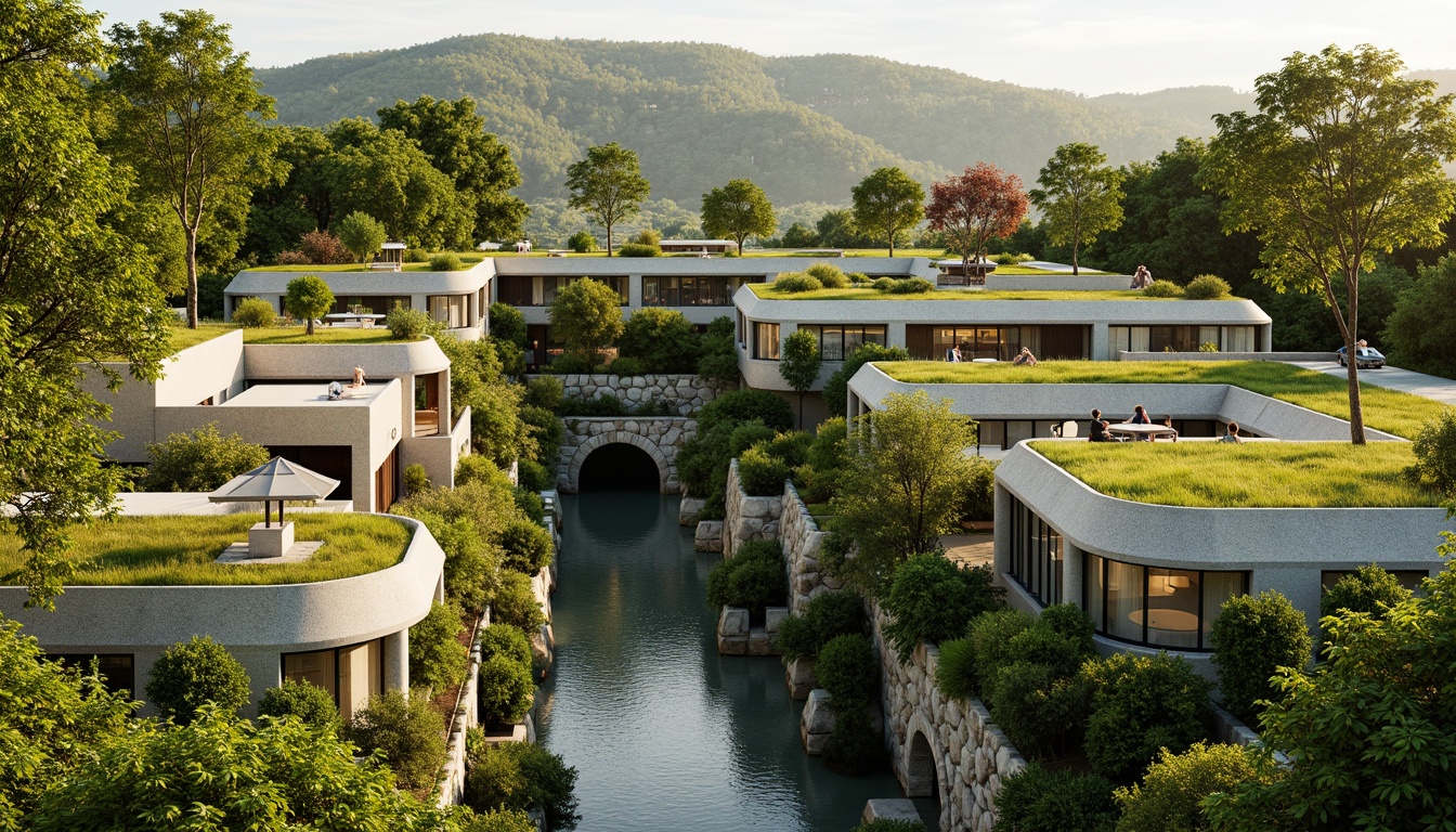 Prompt: Vibrant green roofs, lush vegetation, natural stone walls, reclaimed wood accents, earthy tones, moss-covered surfaces, living walls, bio-inspired facades, organic shapes, curved lines, sustainable materials, energy-efficient systems, solar panels, rainwater harvesting systems, green urban planning, eco-friendly infrastructure, serene natural ambiance, soft diffused lighting, warm beige colors, 3/4 composition, realistic textures, ambient occlusion.