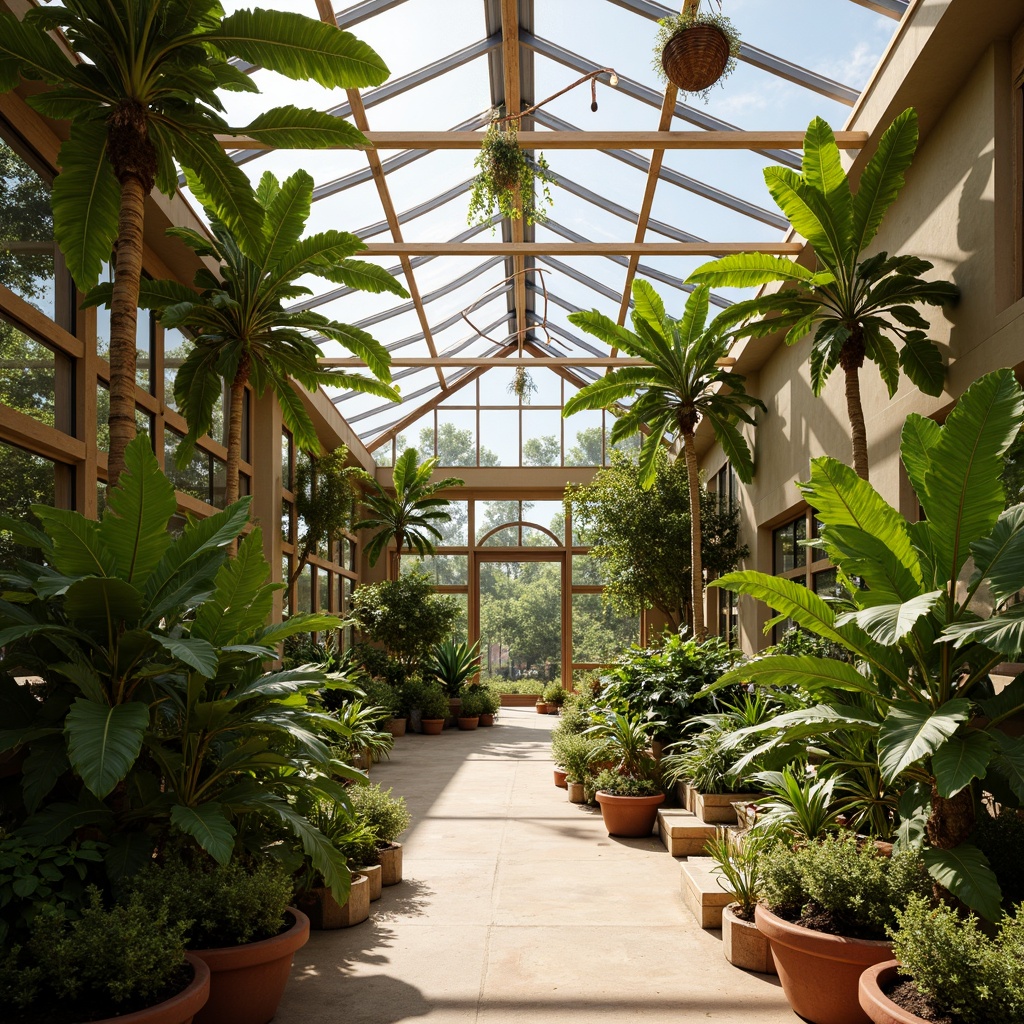 Prompt: Vibrant greenhouse interior, lush tropical plants, warm natural lighting, earthy terracotta pots, misting irrigation systems, wooden trellises, bamboo accents, soft pastel colors, calming atmosphere, gentle shadows, 1/2 composition, shallow depth of field, realistic plant textures, ambient occlusion, subtle color gradients.