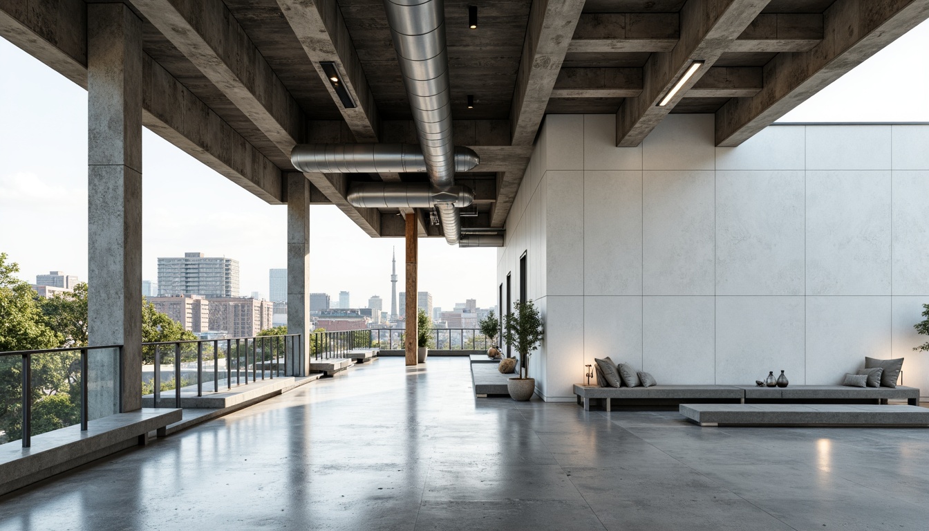 Prompt: Polished concrete floors, industrial metal beams, exposed ductwork, minimalist white walls, sleek glass railings, natural stone accents, reclaimed wood textures, abstract geometric patterns, monochromatic color scheme, high-gloss finishes, angular lines, cantilevered structures, dramatic overhead lighting, sparse greenery, urban cityscape views, 1/1 composition, shallow depth of field, cinematic atmosphere, realistic reflections.