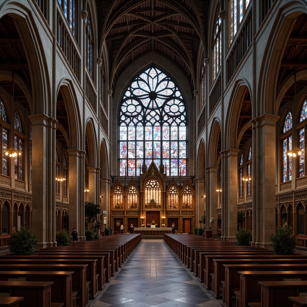 Prompt: Stunning stained glass windows, intricate Gothic arches, majestic cathedral ceilings, grandiose entrance doors, ornate wooden pews, solemn sacred atmosphere, soft warm lighting, subtle natural colors, elegant vaulted aisles, serene spiritual ambiance, beautiful rose windows, vibrant colored glazing, dramatic verticality, symmetrical composition, realistic textures, ambient occlusion.