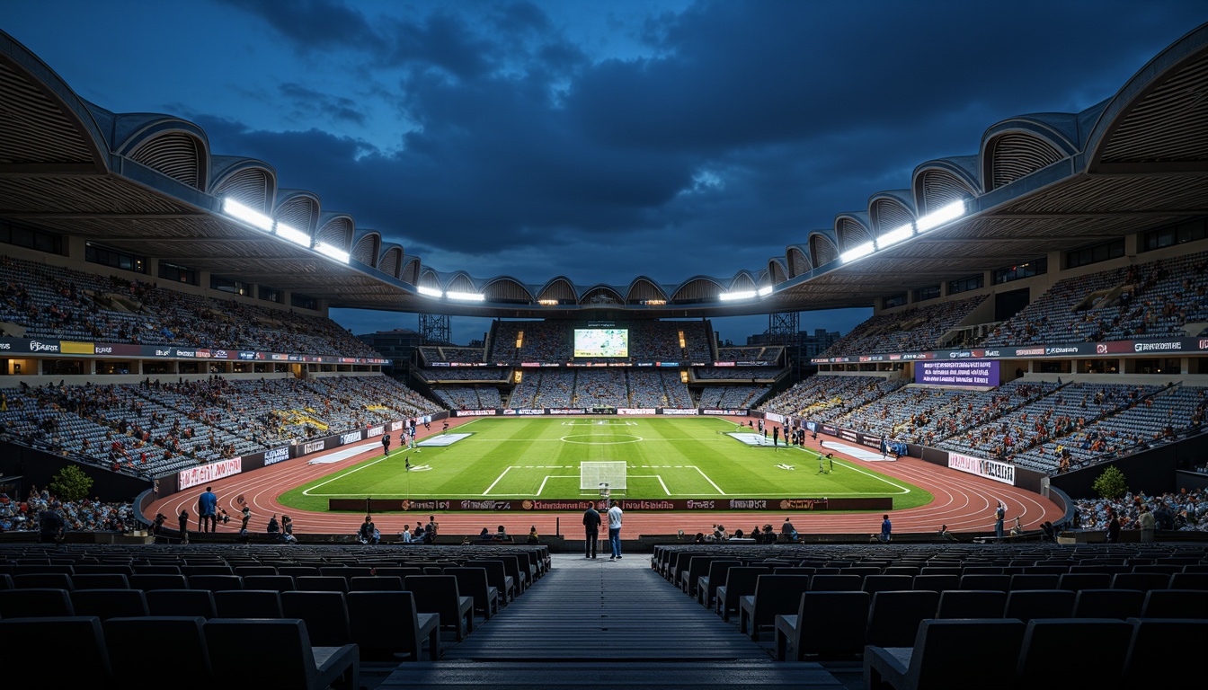 Prompt: Modern stadium facade, curved steel structures, metallic luster, ribbed patterns, LED lighting strips, dynamic angular lines, cantilevered roofs, open-air concourses, spectator seating areas, athletic tracks, football fields, scoreboard displays, sports-themed murals, urban cityscape backdrop, dramatic nighttime illumination, high-contrast shadows, 1/2 composition, atmospheric perspective, realistic reflections, detailed texture mapping.