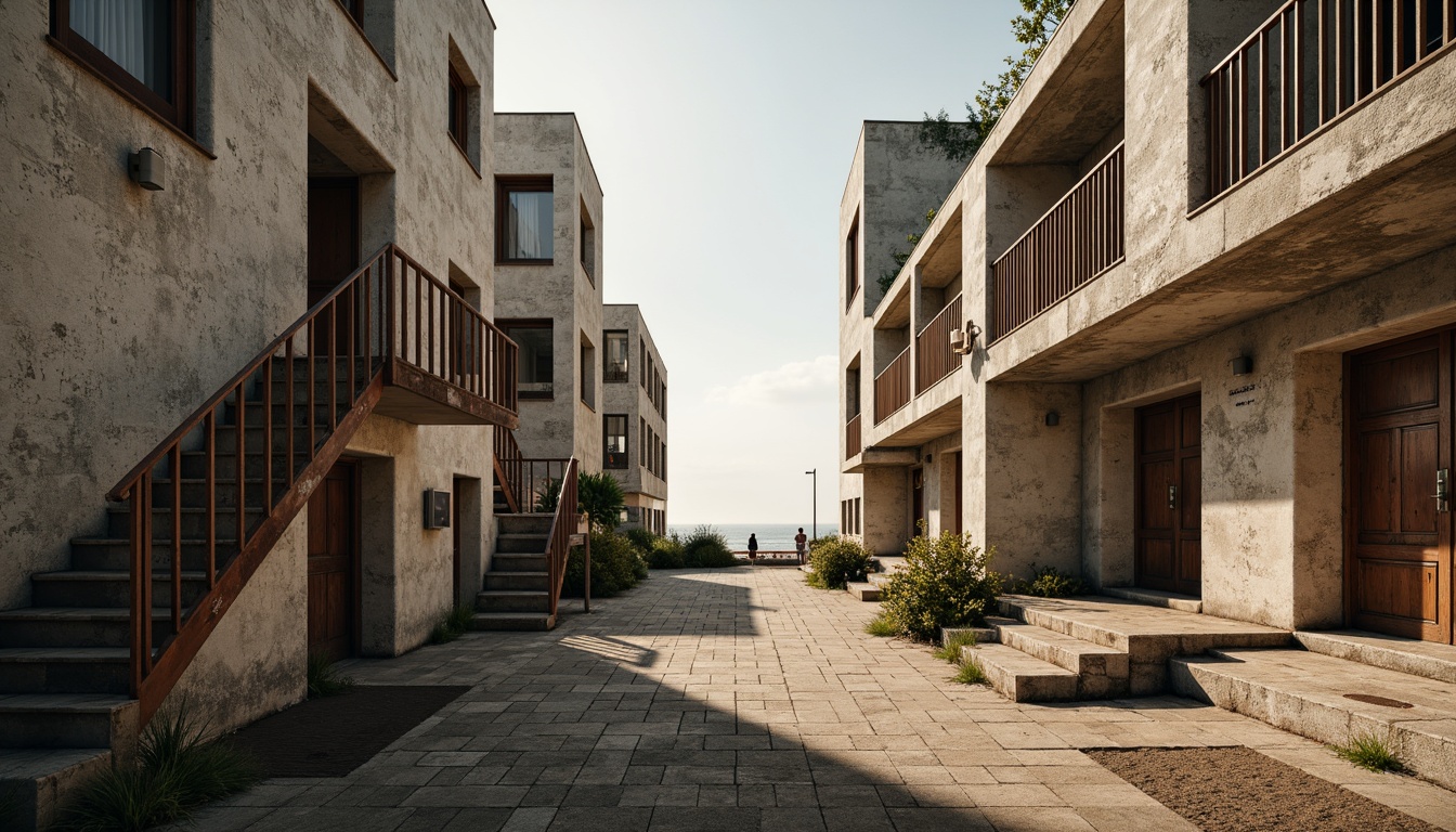 Prompt: Rugged beachside brutalist buildings, weathered concrete walls, rough-hewn stone facades, rusty metal accents, distressed wooden planks, peeling paint, worn-out stairs, crumbling plaster, faded signage, salt-sprayed windows, misty ocean views, warm golden lighting, low-angle shots, 1/1 composition, shallow depth of field, realistic wear and tear, ambient occlusion.