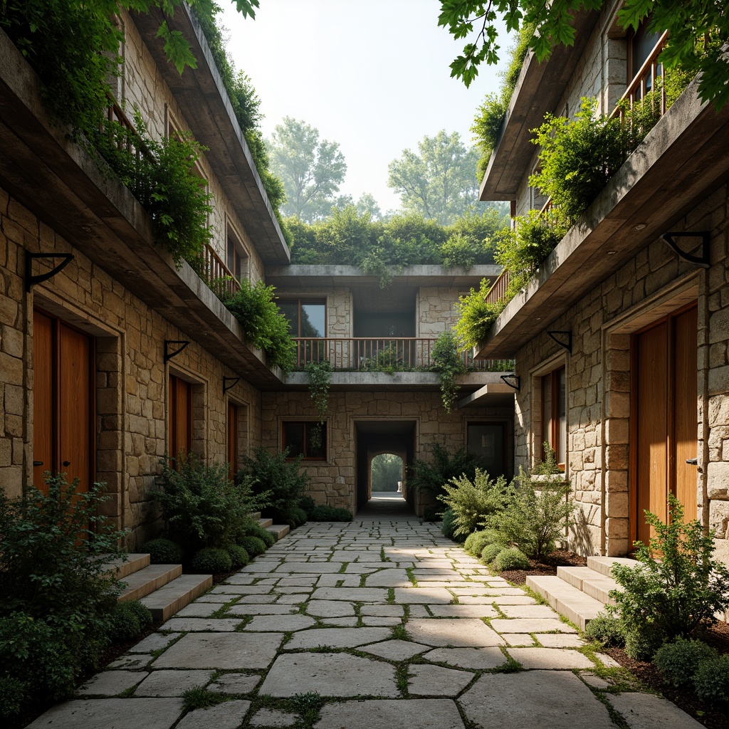 Prompt: Rustic monastery, organic architecture, textured stone walls, moss-covered roofs, weathered wooden doors, intricate carvings, natural rock formations, serene courtyard, lush greenery, vines crawling up walls, soft warm lighting, misty atmosphere, atmospheric perspective, realistic textures, ambient occlusion, warm earth tones, rough-hewn stones, distressed wood accents, ornate metalwork details.