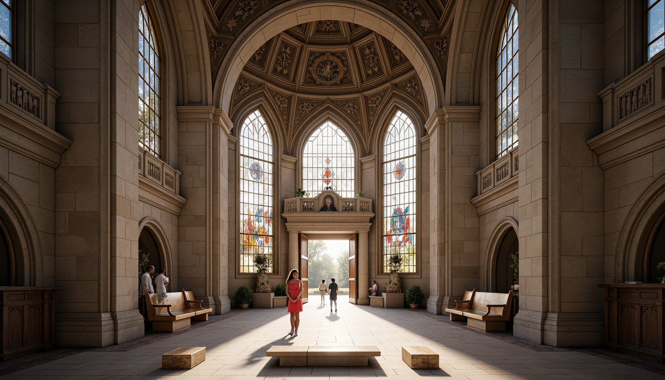 Prompt: Intricate stone carvings, grand entrance arches, stained glass windows, ornate wooden doors, vaulted ceilings, sacred symbols, minimalist chapels, modern geometric shapes, sleek metal accents, natural light pouring in, subtle color palette, ambient interior lighting, shallow depth of field, 1/2 composition, symmetrical framing, realistic textures, subtle atmospheric fog.