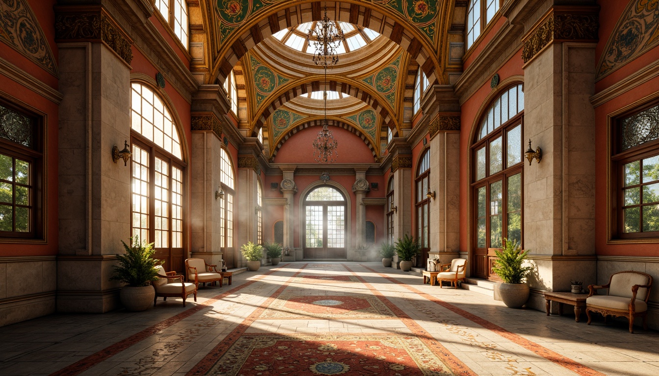 Prompt: Byzantine architecture, ornate details, golden domes, rich mosaics, warm earth tones, terracotta hues, soft creamy whites, deep blues, emerald greens, intricate patterns, luxurious textiles, ornamental tiles, mystical ambiance, warm sunlight, soft shadows, atmospheric perspective, 1/2 composition, realistic renderings.