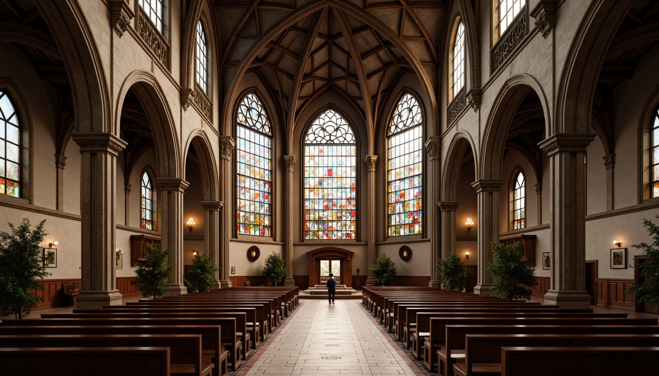 Prompt: Stunning stained glass windows, intricate stone carvings, majestic cathedral ceilings, ornate wooden pews, serene chapel atmosphere, soft warm lighting, subtle color palette, elegant archways, grand entrance doors, rustic stone walls, spiritual ambiance, dramatic verticality, symmetrical composition, realistic textures, ambient occlusion.