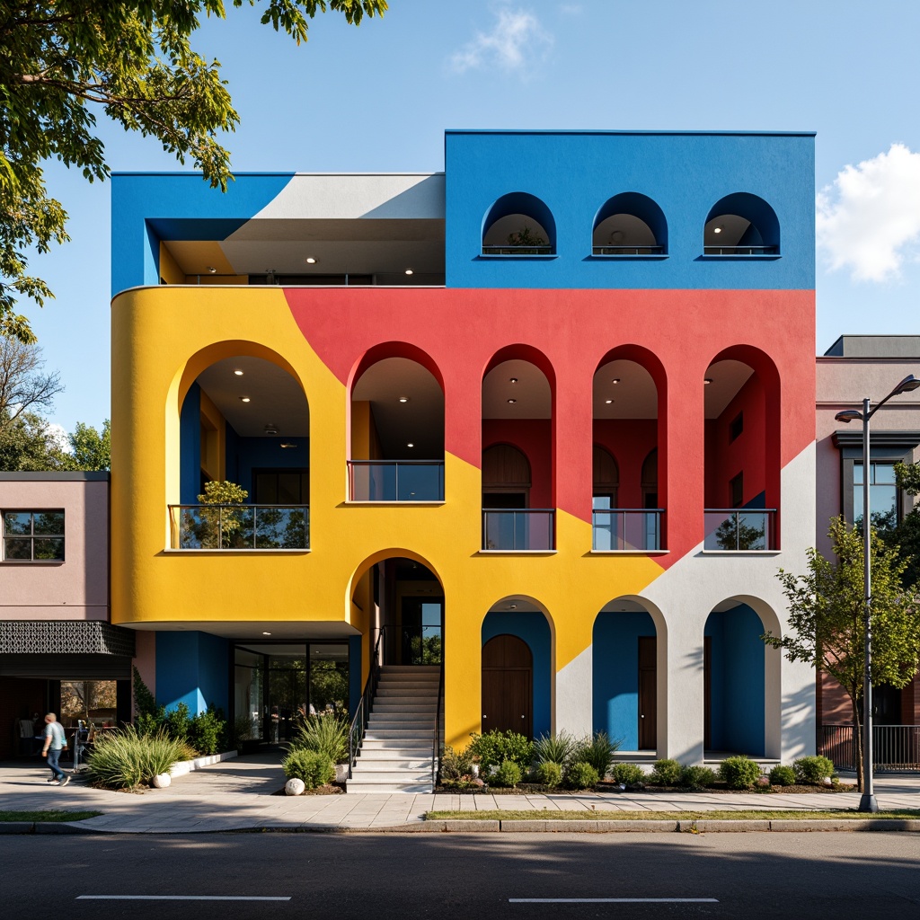 Prompt: Vibrant gymnasium facade, dynamic curves, bold arches, rhythmic patterns, bright color blocking, abstract geometric shapes, expressionist architectural style, reinforced concrete structure, metallic accents, industrial materials, urban cityscape background, morning sunlight, high-contrast lighting, dramatic shadows, 1/2 composition, low-angle shot, cinematic atmosphere, detailed textures, ambient occlusion.