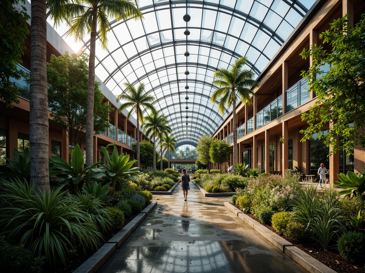 Prompt: Curved glass roofs, steel frames, wooden beams, lush greenery, exotic plants, natural ventilation systems, automatic irrigation systems, misting systems, humid climate control, tropical ambiance, warm soft lighting, shallow depth of field, 3/4 composition, panoramic view, realistic textures, ambient occlusion.