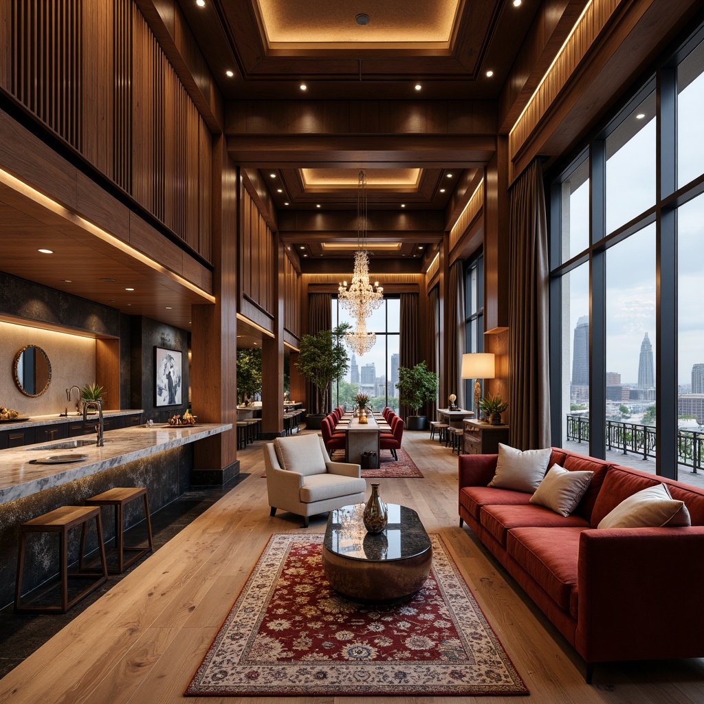 Prompt: Luxurious interior space, rich wood flooring, velvet upholstery, metallic accents, marble countertops, crystal chandeliers, ambient lighting, cozy atmosphere, soft warm colors, plush area rugs, elegant furniture designs, sophisticated textures, high-end finishes, premium materials, natural stone walls, wooden beam ceilings, dramatic floor-to-ceiling windows, panoramic city views.