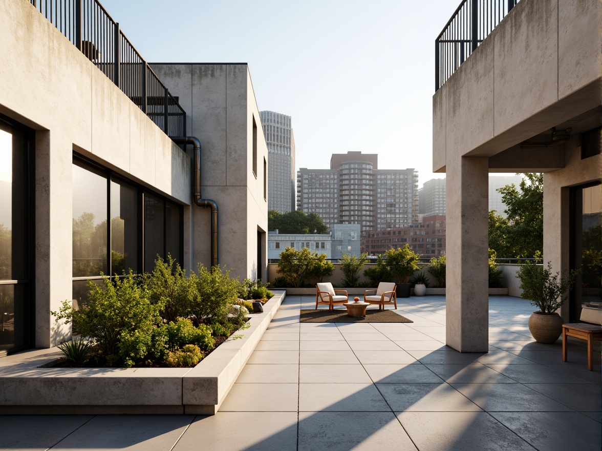 Prompt: Urban rooftop terraces, industrial pipes, minimalistic railings, geometric concrete floors, sleek metal doors, rectangular planters, modernist furniture, vibrant greenery, Bauhaus-inspired architecture, functional simplicity, clean lines, monochromatic color schemes, natural textiles, warm afternoon sunlight, shallow depth of field, 1/1 composition, realistic materials, ambient occlusion.