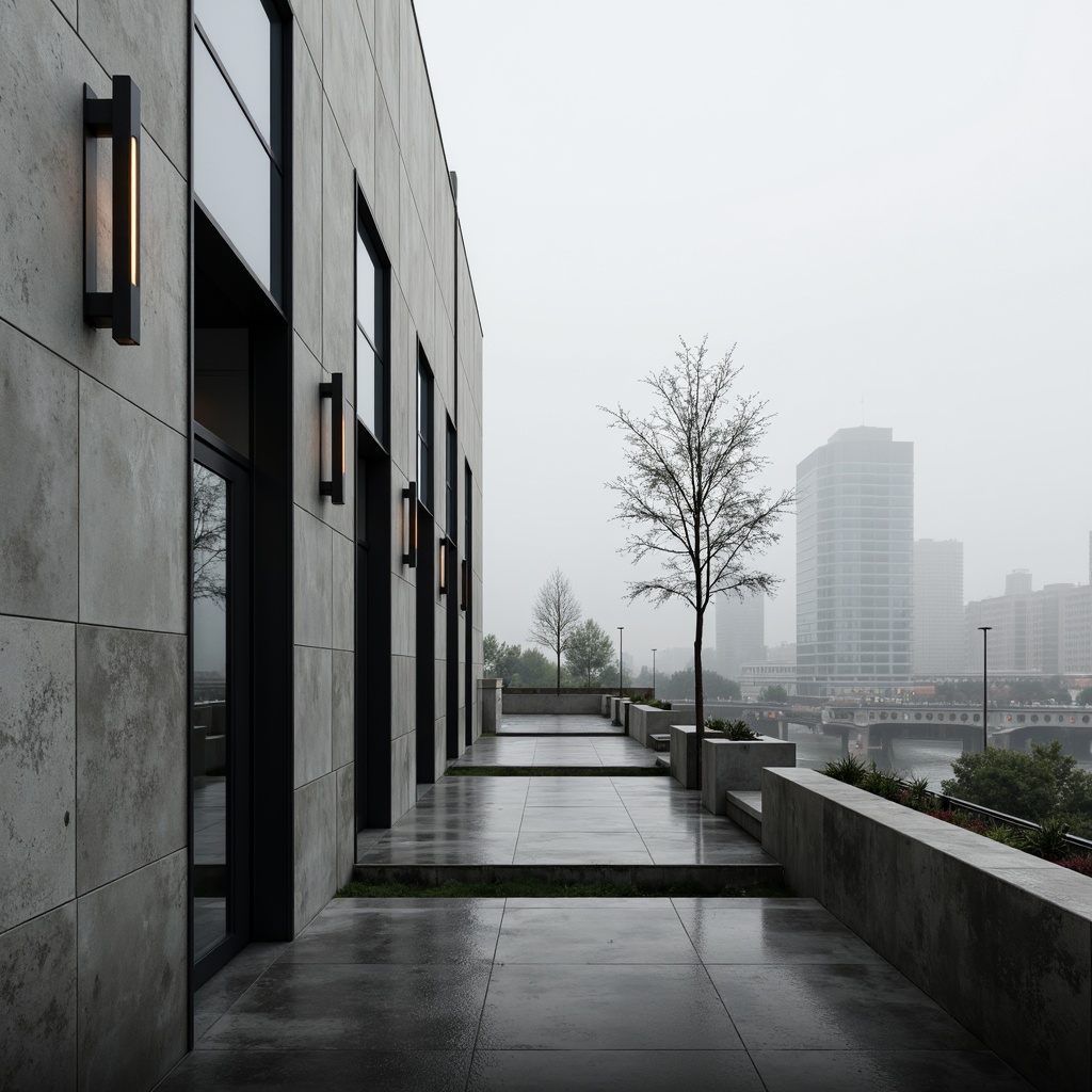 Prompt: Exposed concrete walls, polished metal surfaces, sleek glass facades, minimalist decorative elements, industrial-chic aesthetic, brutalist architecture, functional simplicity, monochromatic color scheme, bold geometric shapes, clean lines, rectangular forms, urban cityscape, morning mist, soft diffused lighting, high-contrast shadows, 1/2 composition, wide-angle lens, cinematic atmosphere, realistic renderings.