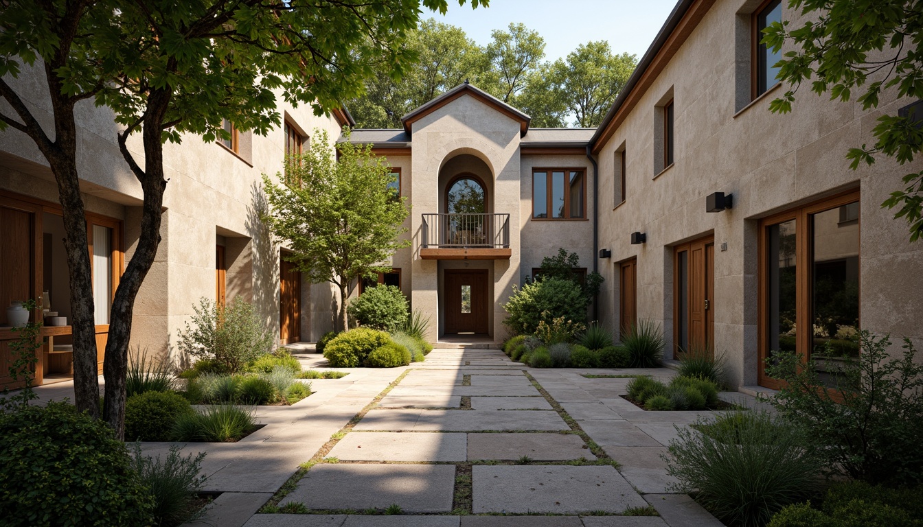 Prompt: Serene monastery courtyard, lush greenery, natural stone walls, wooden accents, rustic doors, stained glass windows, vaulted ceilings, grand arches, peaceful ambiance, soft warm lighting, high ceilings, clerestory windows, filtered daylight, subtle shadows, 3/4 composition, shallow depth of field, panoramic view, realistic textures, ambient occlusion.