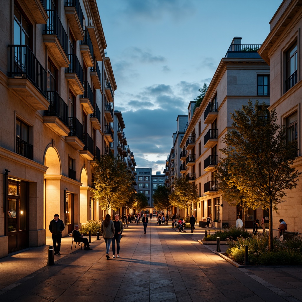 Prompt: Historic cityscape, neoclassical fa\u00e7ades, ornate columns, grand archways, symmetrical compositions, rusticated stone walls, mansard roofs, ironwork balconies, ornamental details, urban plaza, pedestrianized streets, modern streetlights, vibrant nightlife, warm golden lighting, shallow depth of field, 1/2 composition, realistic textures, ambient occlusion.