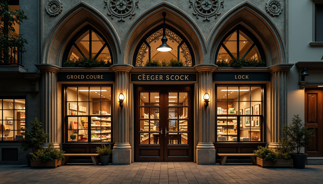 Prompt: Grocery store facade, pointed arches, ribbed vaults, flying buttresses, ornate stone carvings, stained glass windows, grand entrance, heavy wooden doors, intricate metalwork, gothic-inspired signage, mysterious ambient lighting, warm earthy tones, rough-hewn stonework, rustic wooden accents, vintage-style posters, distressed textures, cinematic atmosphere, low-key dramatic lighting, 1-point perspective composition.