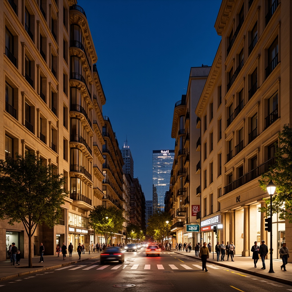 Prompt: Grand neoclassical buildings, ornate facades, Corinthian columns, intricately carved details, symmetrical architecture, urban cityscape, busy streets, modern skyscrapers, vibrant streetlights, nighttime illumination, shallow depth of field, 1/2 composition, realistic textures, ambient occlusion, historical landmarks, cultural heritage sites, pedestrian walkways, tree-lined boulevards, vintage street furniture, nostalgic atmosphere, warm golden lighting.