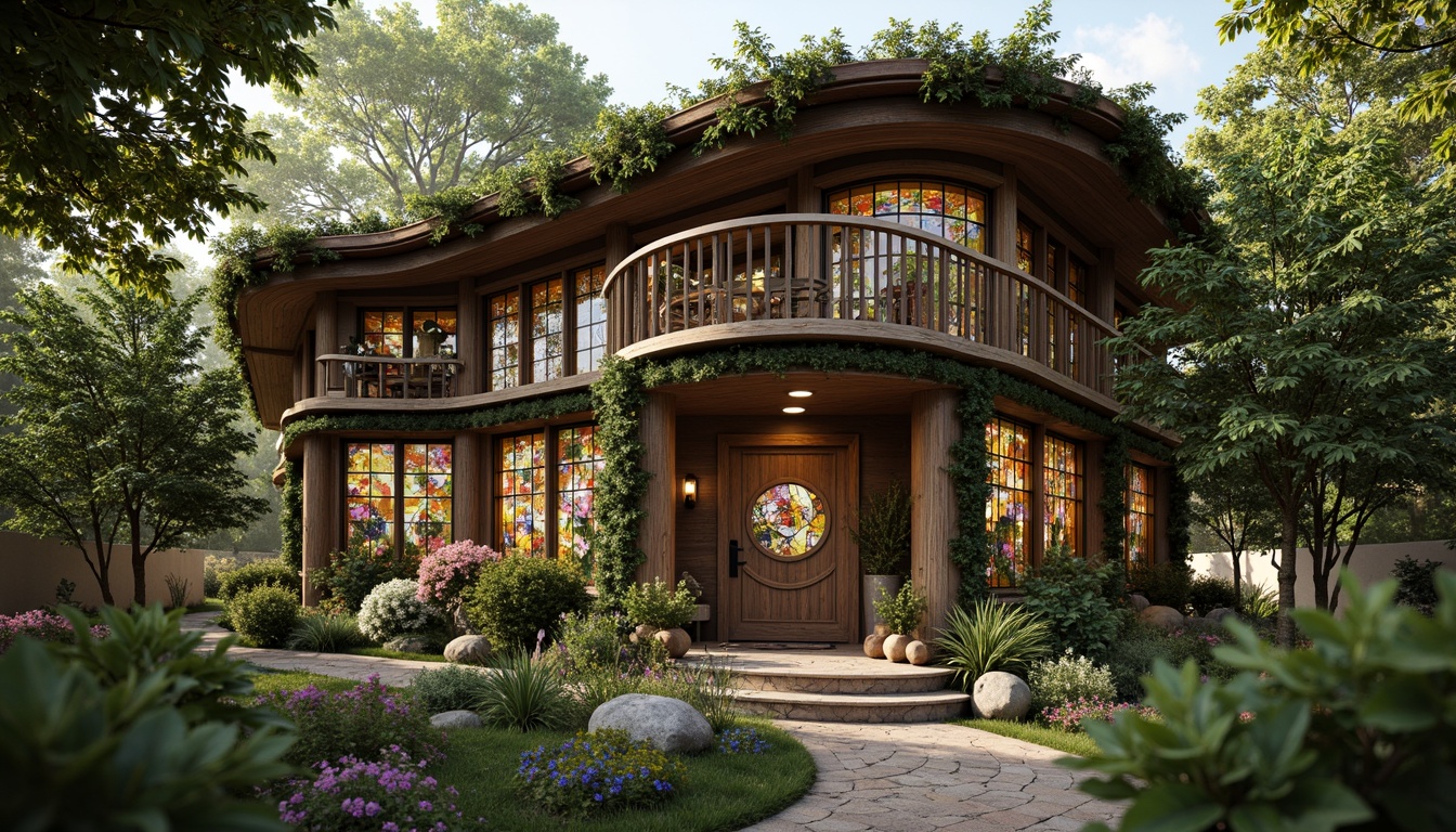 Prompt: Rustic rural cottage, curved lines, ornate details, flowing organic forms, vibrant floral patterns, stained glass windows, intricate wood carvings, natural stone walls, earthy color palette, lush greenery surroundings, overhanging eaves, asymmetrical fa\u00e7ade, decorative ironwork, winding vine ornaments, warm soft lighting, shallow depth of field, 1/2 composition, romantic atmosphere, whimsical textures, ambient occlusion.