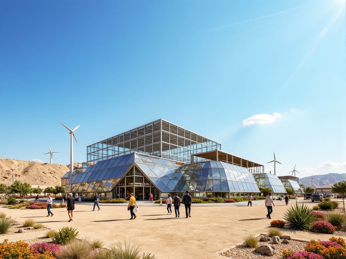 Prompt: Desert greenhouse, futuristic architecture, large dome shape, transparent glass walls, misting systems, evaporative cooling, shading devices, solar panels, wind turbines, water conservation systems, green roofs, eco-friendly materials, innovative climate control, arid landscape, cactus plants, hot sunny day, clear blue sky, vast open space, angular lines, minimalist design, sustainable energy solutions, reflective glass surfaces, sleek metal buildings, vibrant colorful textiles, intricate geometric motifs, shallow depth of field, 3/4 composition, panoramic view, realistic textures, ambient occlusion.