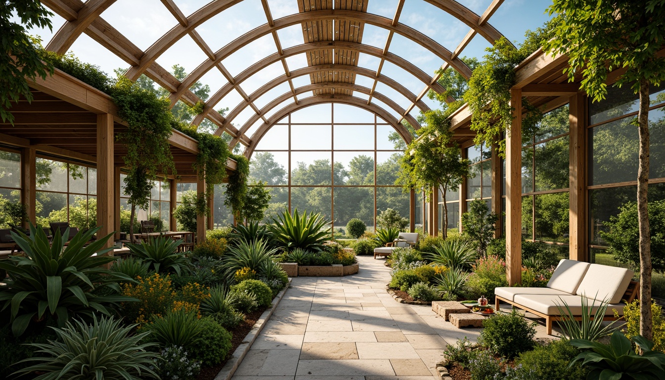 Prompt: Vibrant greenhouse interior, lush tropical plants, natural stone flooring, wooden trellises, climbing vines, misting systems, warm soft lighting, shallow depth of field, 3/4 composition, panoramic view, realistic textures, ambient occlusion, seamless landscape integration, curved glass roofs, modern minimalist architecture, sustainable energy solutions, solar panels, rainwater harvesting systems, green walls, living roofs, eco-friendly materials, innovative climate control technologies, shaded outdoor spaces, comfortable seating areas, nature-inspired color palette.