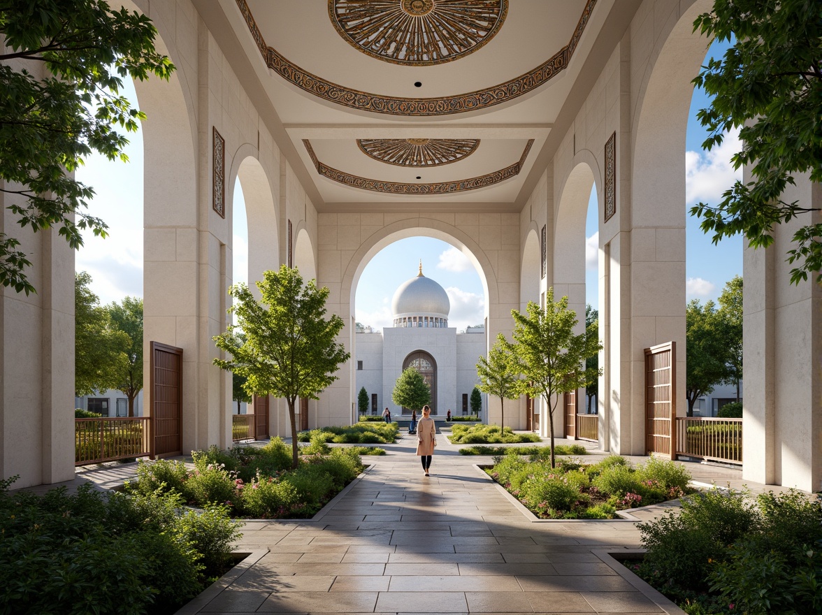 Prompt: Sweeping mosque architecture, grand dome structures, intricate arabesque patterns, lush greenery, serene water features, walking paths, spiritual gardens, natural stone flooring, minimalist modern design, large windows, stained glass doors, vibrant colorful textiles, ambient lighting, shallow depth of field, 3/4 composition, panoramic view, realistic textures, ambient occlusion.