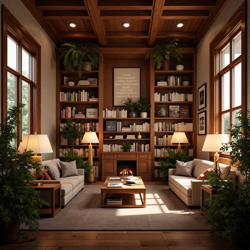 Prompt: Cozy library atmosphere, warm wood tones, comfortable reading nooks, floor lamps, table lamps, softbox lights, LED strip lighting, natural light pouring in, large windows, high ceilings, open shelving, book-filled walls, quiet study areas, collaborative workspaces, inspirational quotes, ergonomic seating, acoustic panels, sound-absorbing materials, warm color schemes, task lighting, ambient lighting, 1/1 composition, soft shadows, realistic textures.