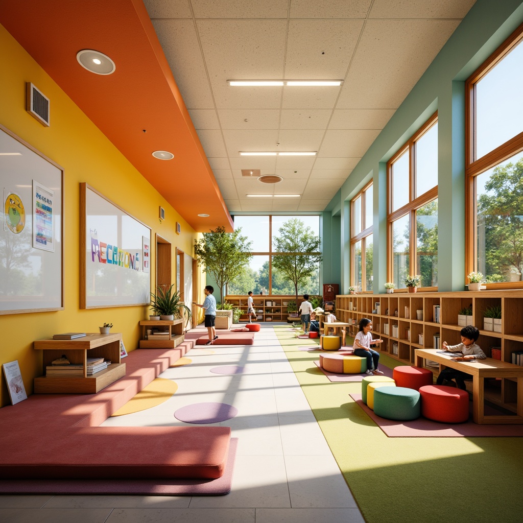 Prompt: Vibrant elementary school, playful color scheme, bright corridors, cheerful classrooms, whimsical murals, interactive whiteboards, kid-friendly furniture, rounded shapes, soft cushions, natural wood accents, colorful lockers, educational decorations, fun patterns, lively textures, abundant natural light, warm afternoon sunbeams, shallow depth of field, 3/4 composition, panoramic view, realistic rendering, ambient occlusion.