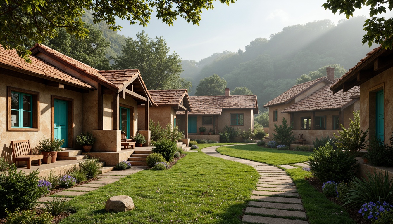 Prompt: Earthy regionalism village, rustic wooden cottages, terracotta roofs, vibrant turquoise accents, warm beige stone walls, lush greenery, blooming wildflowers, misty morning atmosphere, soft diffused lighting, 1/1 composition, intimate close-up shots, realistic textures, ambient occlusion.