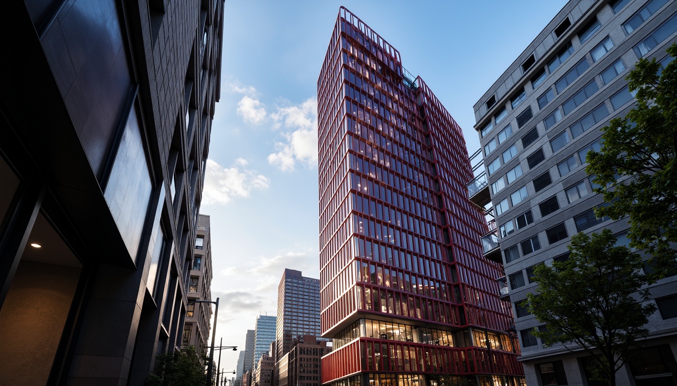 Prompt: Maroon skyscraper, modern architecture, sleek glass fa\u00e7ade, metallic accents, bold color scheme, urban cityscape, cloudy blue sky, warm afternoon lighting, deep shadows, dramatic contrast, 1/1 composition, low-angle shot, cinematic atmosphere, realistic reflections, ambient occlusion, detailed textures.