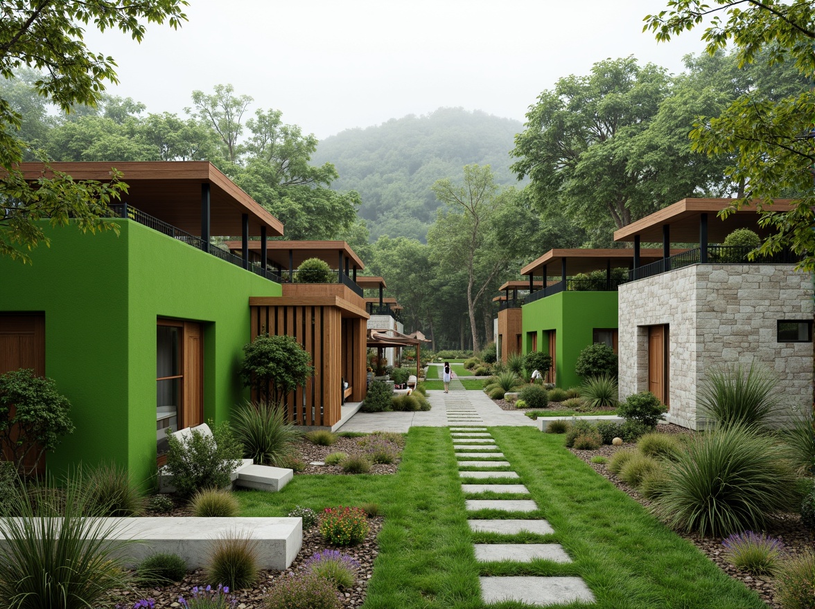 Prompt: Vibrant green walls, natural stone facades, earthy tone roofs, lush vegetation, reclaimed wood accents, eco-friendly materials, sustainable building design, modern minimalist aesthetic, calm atmosphere, soft diffused lighting, shallow depth of field, 3/4 composition, panoramic view, realistic textures, ambient occlusion.