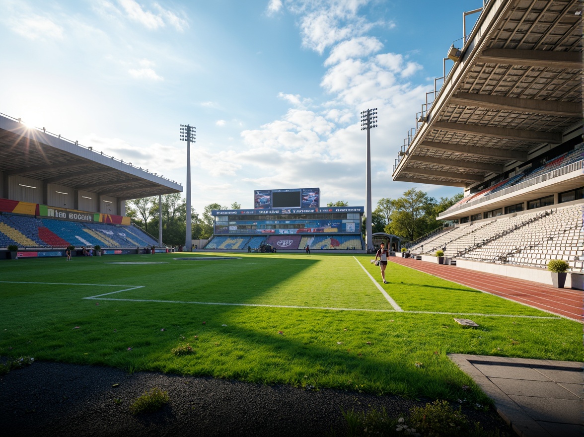 Prompt: Stadium surroundings, lush green grass, athletic tracks, sports field lighting, scoreboard displays, spectator seating areas, modern architecture, sleek metal bleachers, vibrant team colors, dynamic shadows, sunny day, soft warm lighting, shallow depth of field, 3/4 composition, panoramic view, realistic textures, ambient occlusion, natural stone walkways, rubberized surfaces, goalposts, nets, athletic equipment, sports-themed murals, motivational quotes.