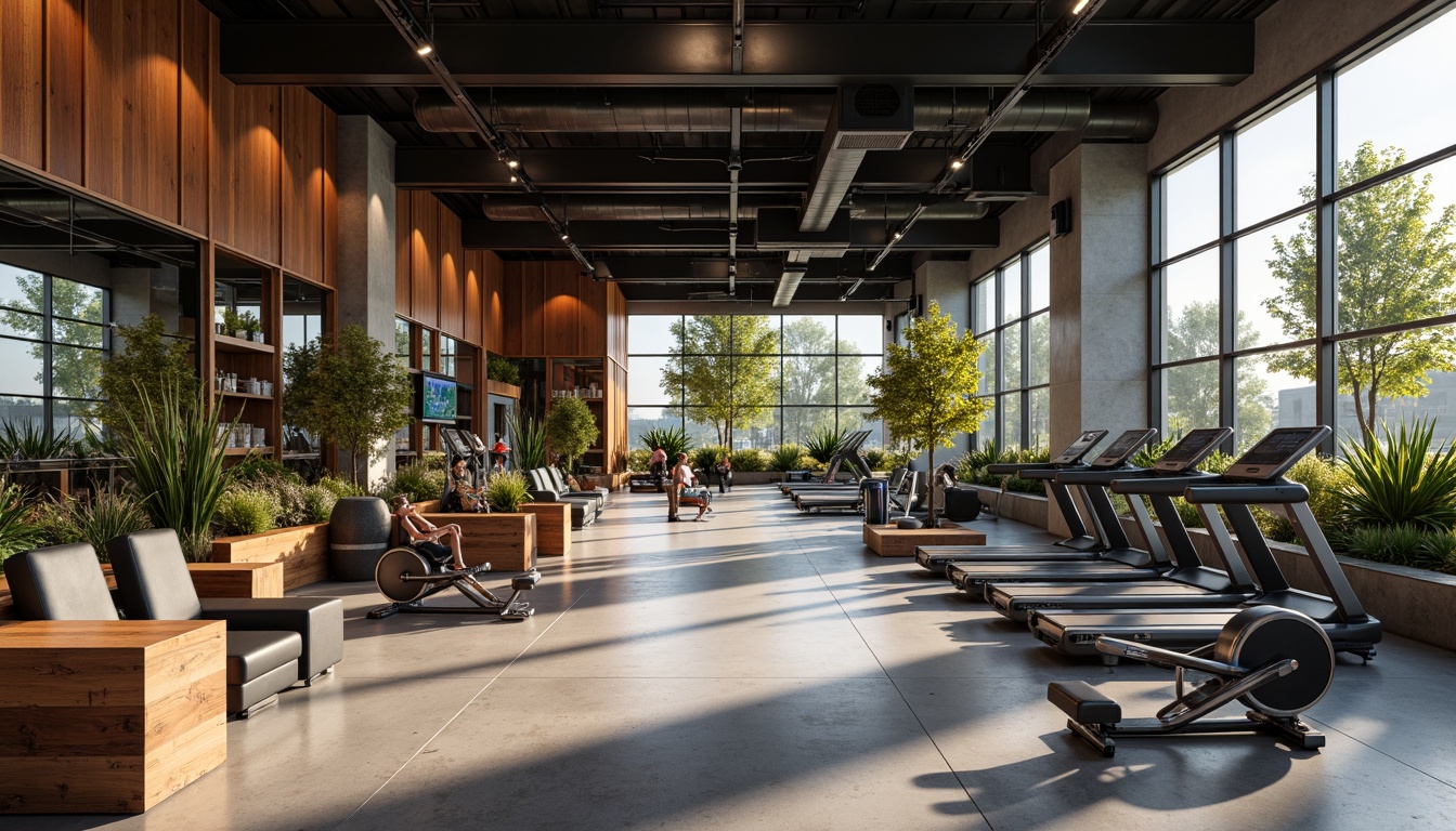 Prompt: Luxurious fitness club, polished concrete floors, wooden accents, sleek metal equipment, mirrored walls, natural stone features, industrial-chic lighting, vibrant color schemes, energetic atmosphere, dynamic spatial arrangements, modern minimalist decor, state-of-the-art technology integration, high-contrast textures, rich wood tones, cool metallic surfaces, soft ambient lighting, 3/4 composition, shallow depth of field, realistic reflections.