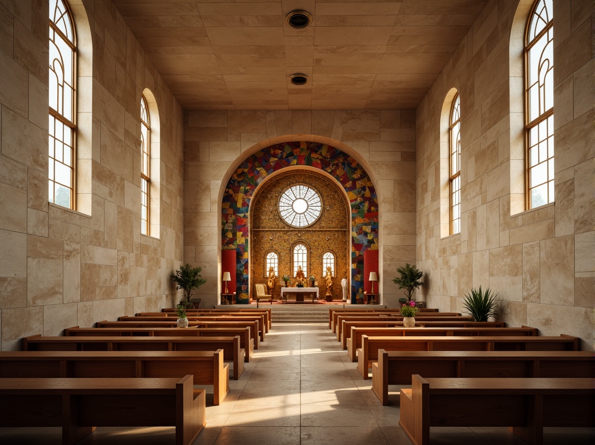 Prompt: Minimalist worship space, high ceilings, natural stone walls, wooden pews, stained glass windows, soft warm lighting, indirect illumination, subtle color scheme, abstract geometric patterns, Islamic-inspired arches, Christian crucifixes, Buddhist statues, Hindu deities, vibrant textiles, intricate mosaics, ambient occlusion, 1/1 composition, shallow depth of field, panoramic view, realistic materials, atmospheric perspective.