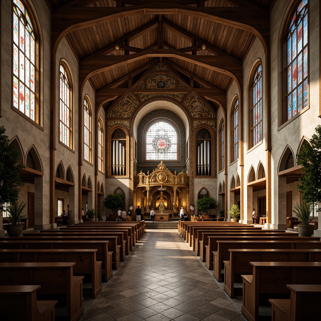 Prompt: Grandiose church facade, rustic stone walls, stained glass windows, ornate wooden pews, vaulted ceilings, intricate mosaics, golden accents, solemn atmosphere, soft warm lighting, dramatic shadows, 1/2 composition, symmetrical framing, rich textures, ambient occlusion.