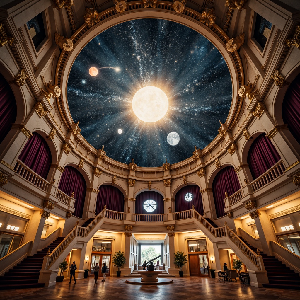 Prompt: Grandiose planetarium dome, celestial body patterns, ornate golden accents, intricate stone carvings, classical columns, symmetrical arches, grand staircases, luxurious velvet curtains, astronomical instruments, telescopes, starry night sky projections, soft warm lighting, shallow depth of field, 1/1 composition, realistic textures, ambient occlusion, subtle animations, futuristic metallic materials, gleaming glass surfaces, elegant typography.