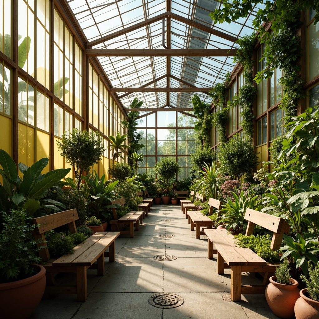 Prompt: Vibrant greenhouse interior, lush green foliage, warm natural light, earthy terracotta pots, rustic wooden benches, soft misting system, pastel-colored glass panels, bright yellow accents, calming blue undertones, natural stone flooring, organic textures, living walls, tropical plants, exotic flowers, airy atmosphere, 1/2 composition, shallow depth of field, warm soft focus.