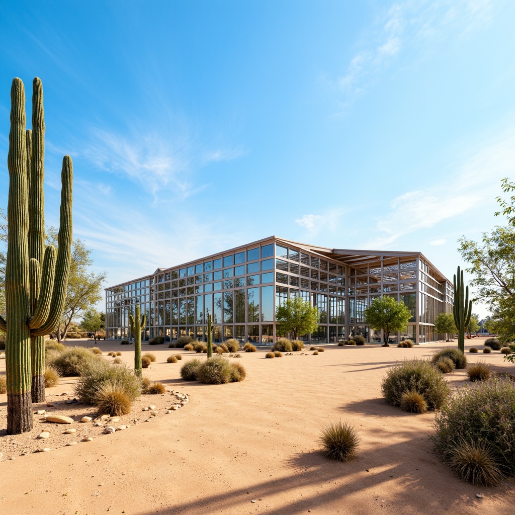 Prompt: Arid desert landscape, cactus plants, hot sunny day, clear blue sky, vast open space, modern futuristic greenhouse architecture, sleek metal frames, reflective glass surfaces, angular lines, minimalist design, sustainable energy solutions, solar panels, wind turbines, water conservation systems, green roofs, eco-friendly materials, innovative cooling technologies, shaded outdoor spaces, misting systems, Arabic-inspired patterns, vibrant colorful textiles, intricate geometric motifs, advanced ventilation systems, air circulation management, temperature control, humidity regulation, fogging systems, evaporative cooling, natural convection, windcatchers, clerestory windows, solar chimneys, passive solar design.