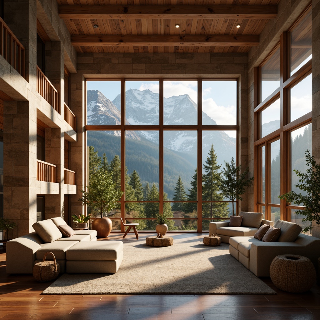 Prompt: Rustic student halls, earthy tones, wooden accents, natural stone walls, cozy fireplaces, warm beige furniture, soft cream lighting, mountain-inspired textiles, evergreen trees, snow-capped peaks, misty morning atmosphere, shallow depth of field, 1/1 composition, cinematic view, realistic wood textures, ambient occlusion.