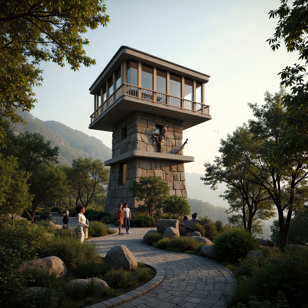 Prompt: Watchtower nestled in lush forest, winding stone pathways, overhanging foliage, rustic wooden accents, earthy tones, natural stonewalls, panoramic views, binoculars mounted, 3/4 composition, shallow depth of field, warm soft lighting, misty morning atmosphere, birds flying overhead, subtle water features, organic shapes, blending with surroundings, eco-friendly materials, minimal environmental impact, observation decks, telescopes installed, celestial navigation systems.