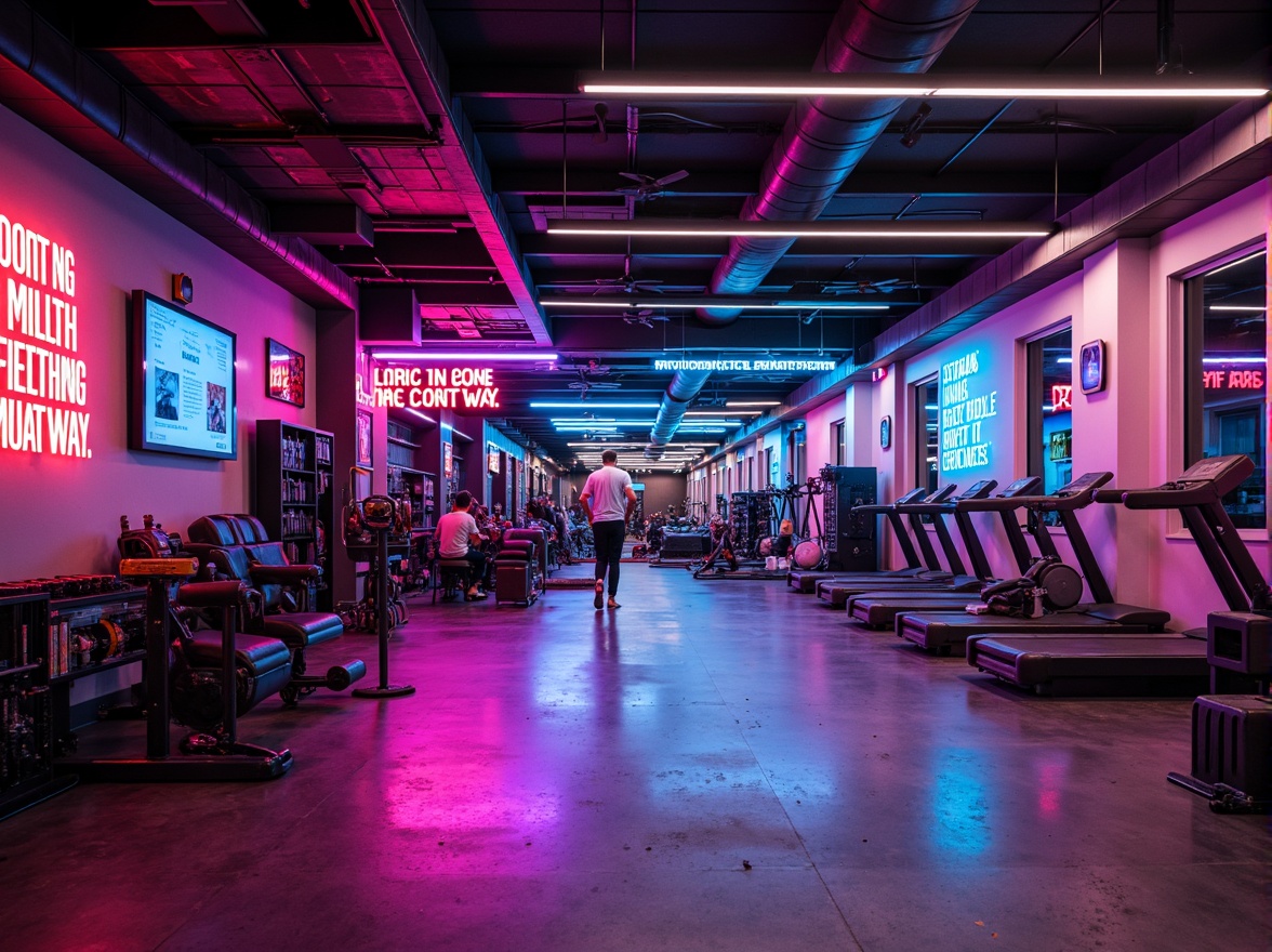 Prompt: Vibrant fitness club, energetic atmosphere, bold color scheme, neon accents, motivational quotes, sleek equipment, modern architecture, industrial chic design, metallic tones, polished concrete floors, dynamic lighting, high-contrast shadows, 3/4 composition, shallow depth of field, realistic textures, ambient occlusion.