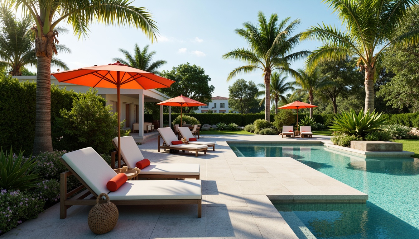 Prompt: Lush greenery, sun-kissed deck, crystal-clear pool water, infinity edge design, modern outdoor furniture, plush lounge chairs, vibrant colored umbrellas, natural stone paving, tropical plants, palm trees, warm sunny day, soft gentle lighting, shallow depth of field, 1/1 composition, realistic textures, ambient occlusion.