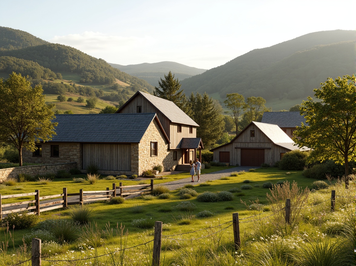 Prompt: Rustic countryside, rolling hills, wooden barns, stone cottages, natural slate roofs, earthy tones, reclaimed wood accents, vintage metal doors, distressed brick walls, weathered wood fences, lush green meadows, wildflower fields, serene rural landscape, warm sunny day, soft diffused lighting, 1/1 composition, intimate focus, realistic textures, ambient occlusion.