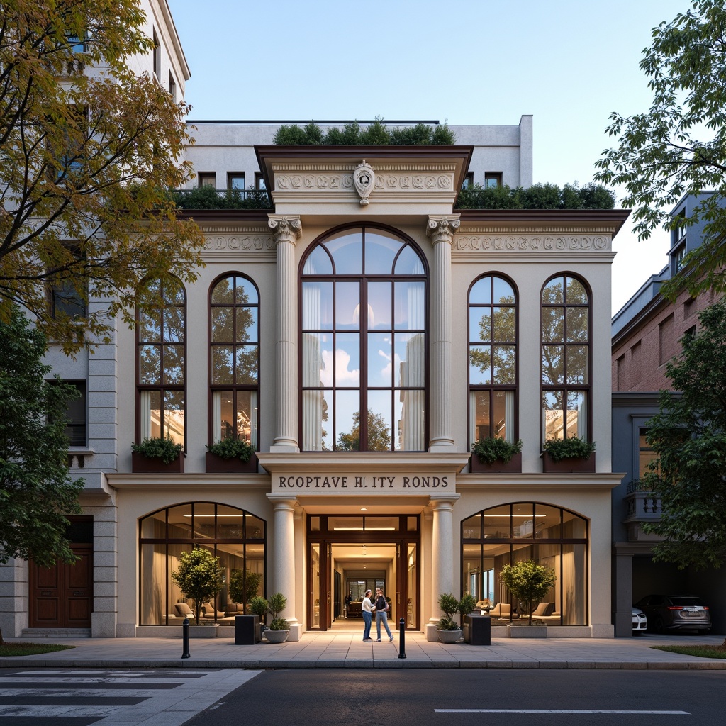 Prompt: Elegant hotel facade, academic architectural style, grand entrance, ornate columns, intricately carved details, neutral color palette, creamy stone walls, large windows, wooden accents, sophisticated signage, lush greenery, modern amenities, rooftop garden, cityscape views, warm evening lighting, shallow depth of field, 2/3 composition, realistic textures, ambient occlusion.