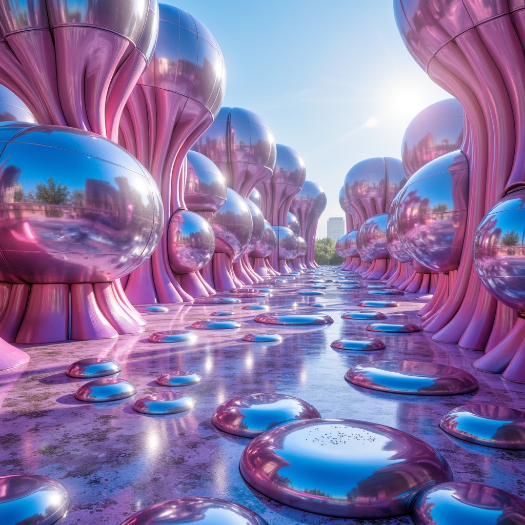 Prompt: Vibrant blob-like structures, iridescent colors, shimmering metallic surfaces, neon-lit ambiance, futuristic architecture, curved lines, organic shapes, glowing accents, luminescent details, soft pastel hues, electric blue undertones, hot pink highlights, sunny day, dramatic shadows, high-contrast lighting, 1/1 composition, symmetrical framing, cinematic atmosphere.