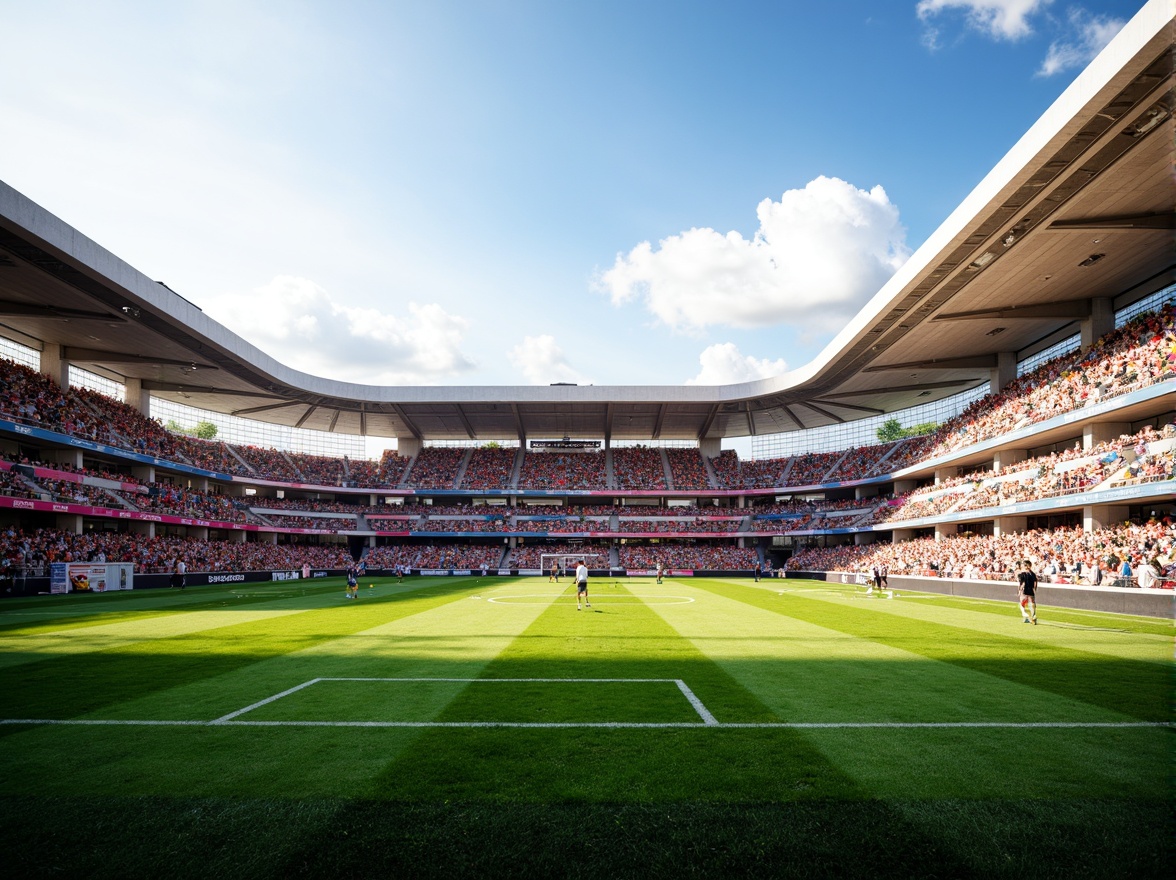 Prompt: Vibrant soccer stadium, dynamic seating area, energetic crowd atmosphere, bold team color schemes, contrasting field lines, verdant grass turf, sleek modern architecture, cantilevered roofs, angular floodlights, dramatic shading effects, warm sunny day, soft natural lighting, shallow depth of field, 2/3 composition, panoramic view, realistic textures, ambient occlusion.