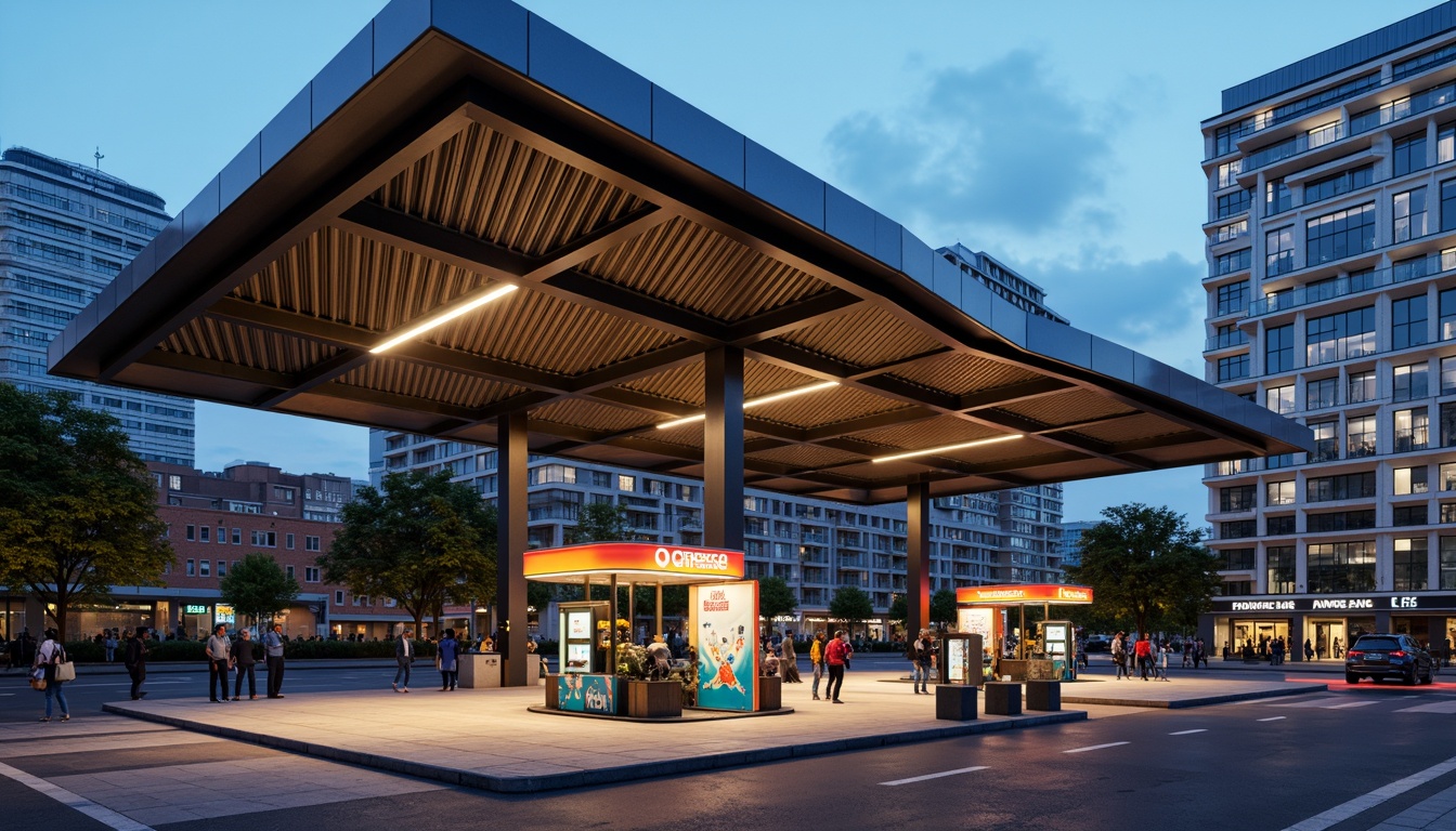 Prompt: Futuristic gas station, sleek metal canopies, angular lines, minimalist design, bold color schemes, neon signage, geometric patterns, industrial materials, steel beams, concrete foundations, cantilevered roofs, modernist architecture, urban landscape, cityscape views, busy streets, dynamic lighting, high-contrast shadows, dramatic camera angles, 1/2 composition, shallow depth of field, realistic textures, ambient occlusion.