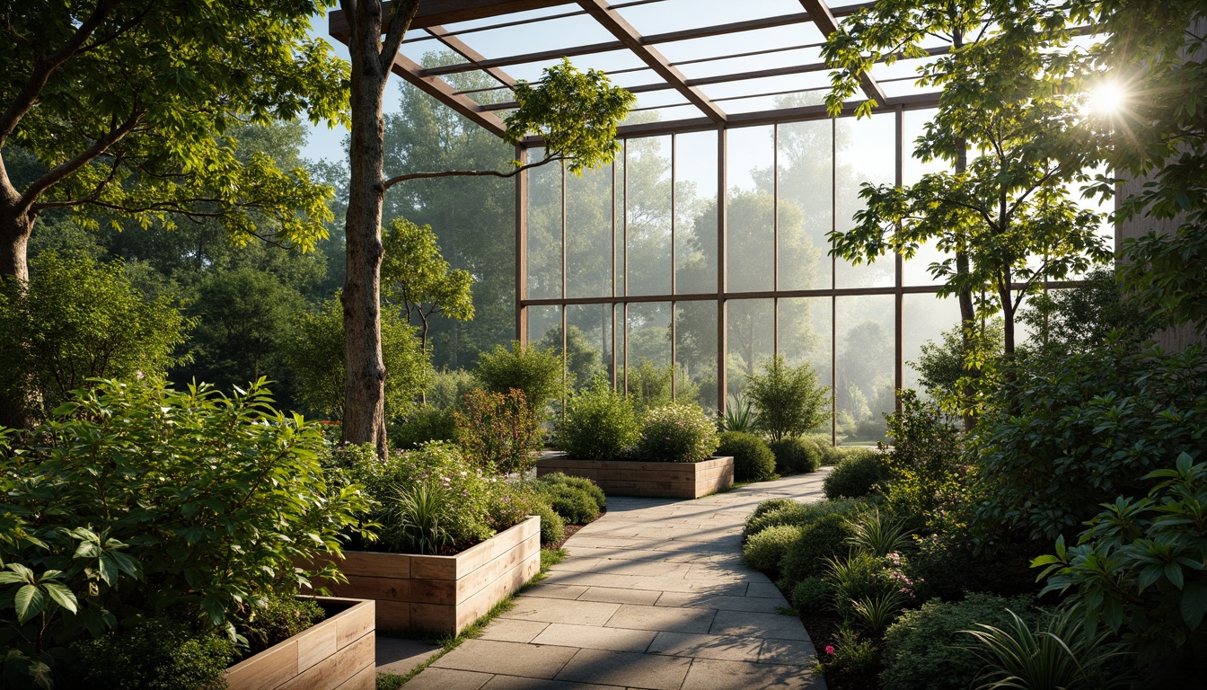 Prompt: \Vibrant greenhouse interior, lush greenery, natural stone pathways, wooden planters, modern metal framework, large glass panels, abundant sunlight, soft warm lighting, shallow depth of field, 3/4 composition, panoramic view, realistic textures, ambient occlusion, serene forest surroundings, misty atmosphere, dense foliage, rustic wood accents, earthy color palette, organic shapes, fluid lines, sustainable materials, eco-friendly systems, rainwater harvesting, grey water reuse, natural ventilation, passive solar design.\