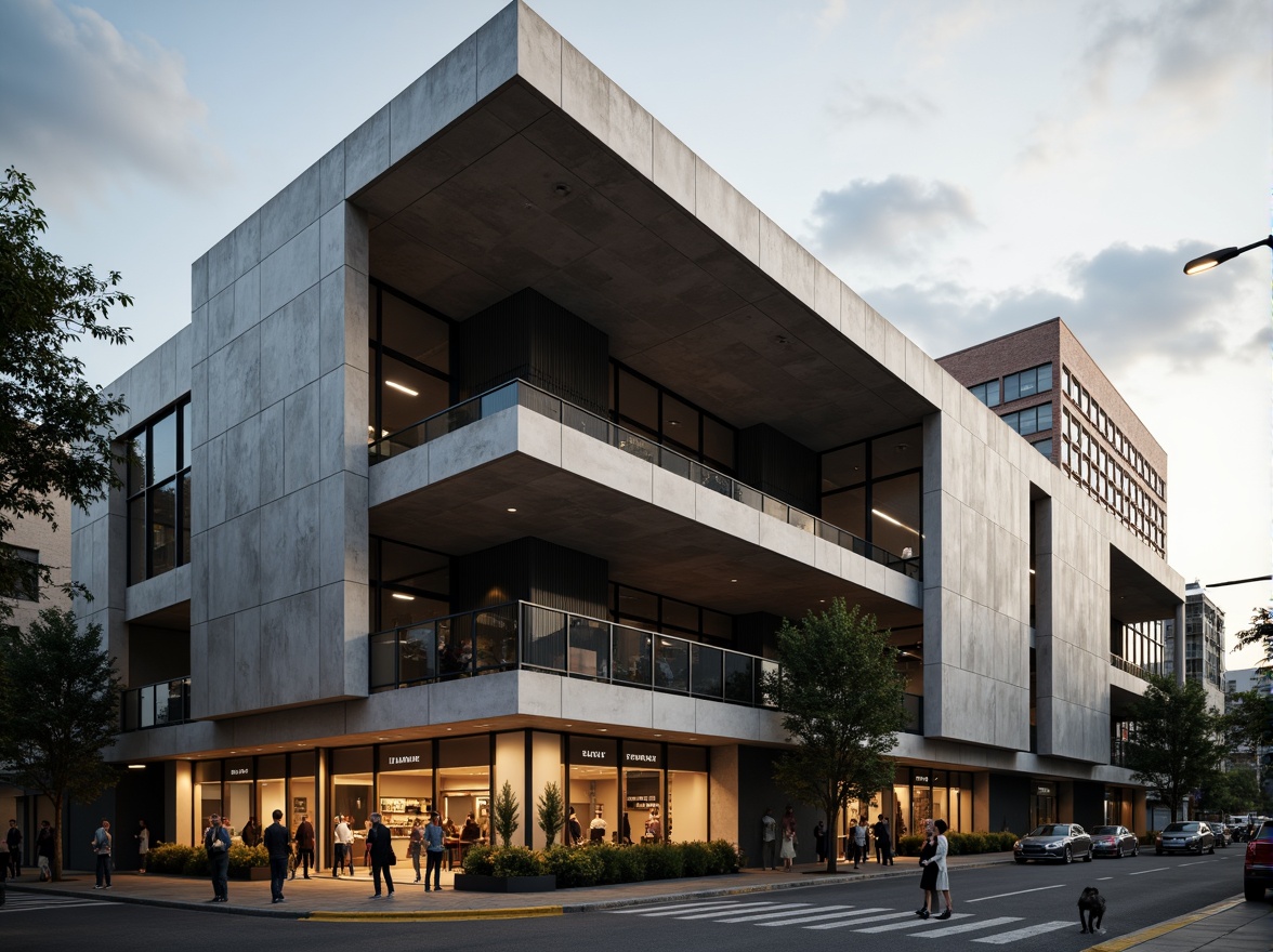 Prompt: Industrial building facade, exposed steel beams, raw concrete textures, minimalist modern architecture, angular lines, bold geometric shapes, functional design elements, cantilevered roofs, suspended ceilings, open floor plans, natural light pouring, dramatic shading effects, high-contrast color scheme, urban cityscape background, cloudy sky with sunbreaks, soft warm lighting, 1/1 composition, realistic materials, ambient occlusion.