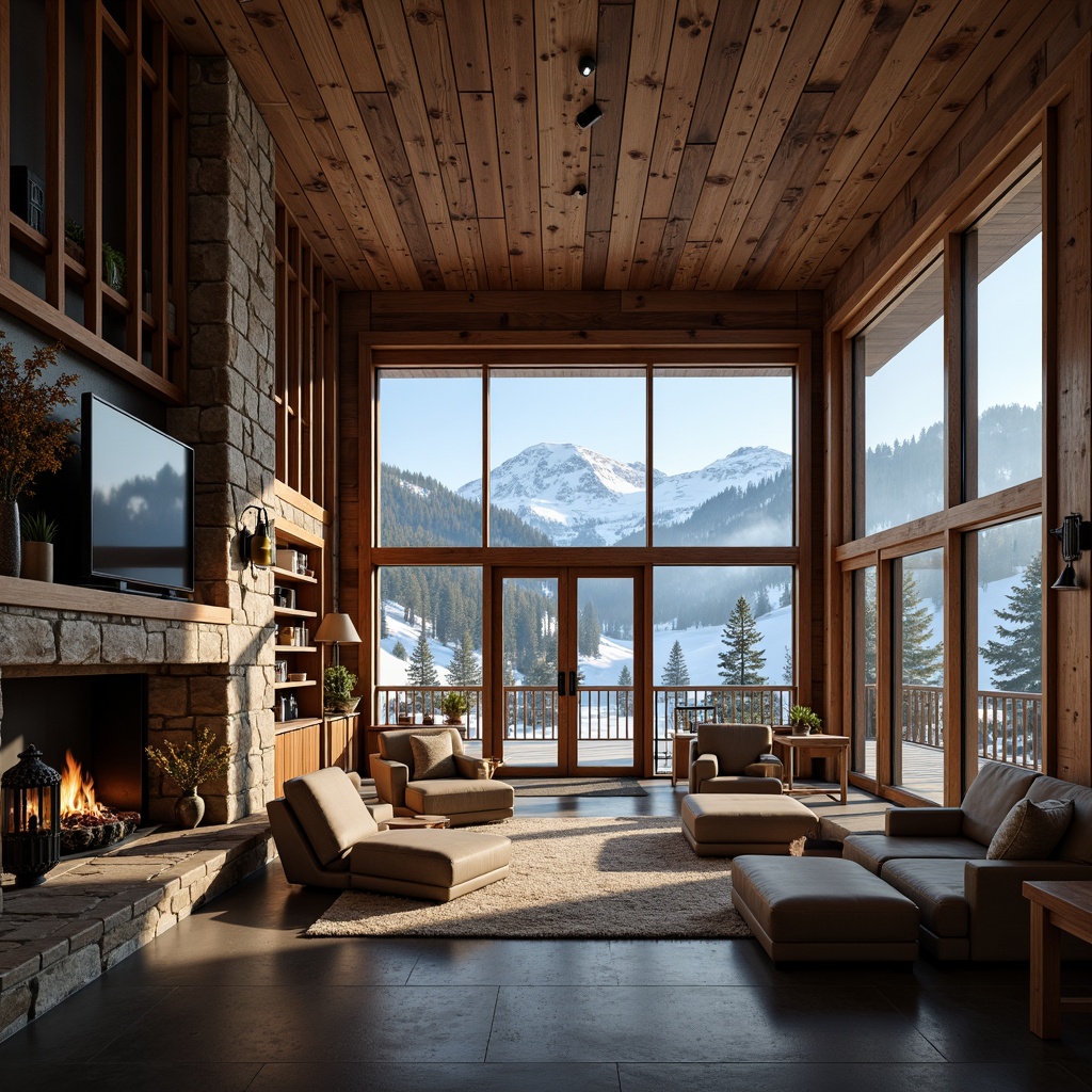 Prompt: Rustic ski center, wooden accents, natural stone walls, reclaimed wood ceilings, earthy tones, cozy fireplaces, warm lighting, snow-capped mountains, evergreen trees, frozen lakes, misty atmosphere, soft focus, shallow depth of field, 1/1 composition, intimate views, realistic textures, ambient occlusion.